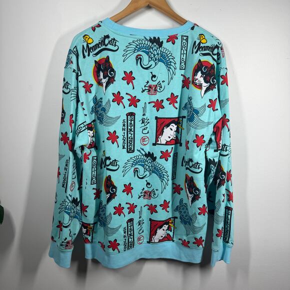 Monmon Cats SUN CAT FRENCH TERRY CREWNECK Men Blue Athleisure Loungewear Turtle - Picture 2 of 7